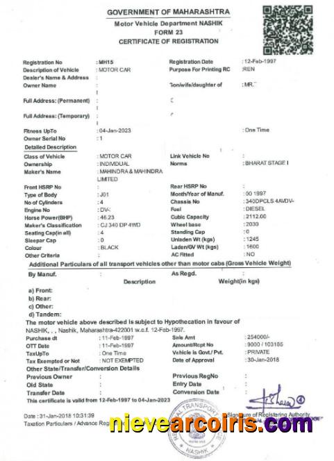 India vehicle registration certificate version 2